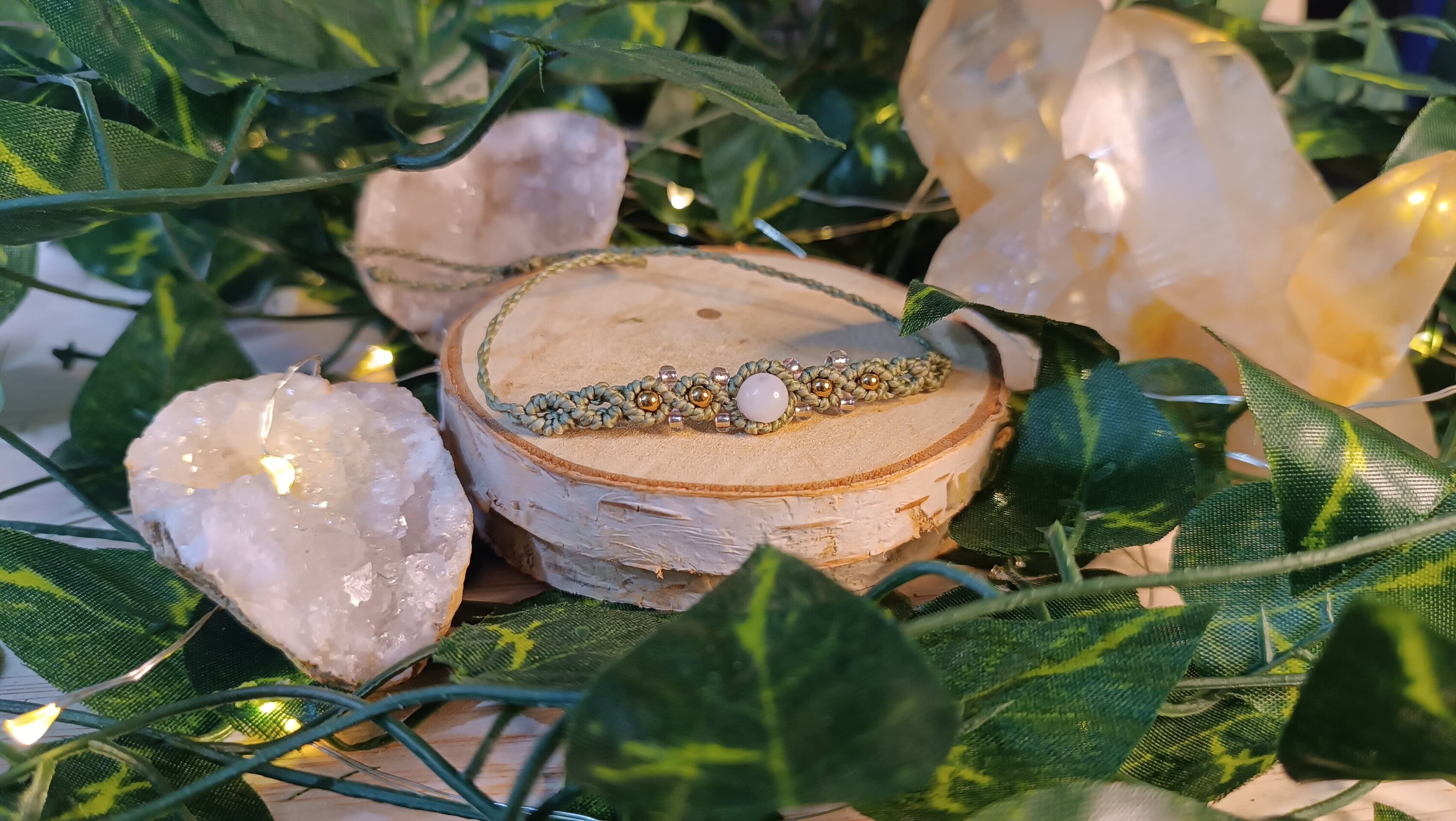 Pulsera macramé con cuarzo rosa y acero inoxidable - 3