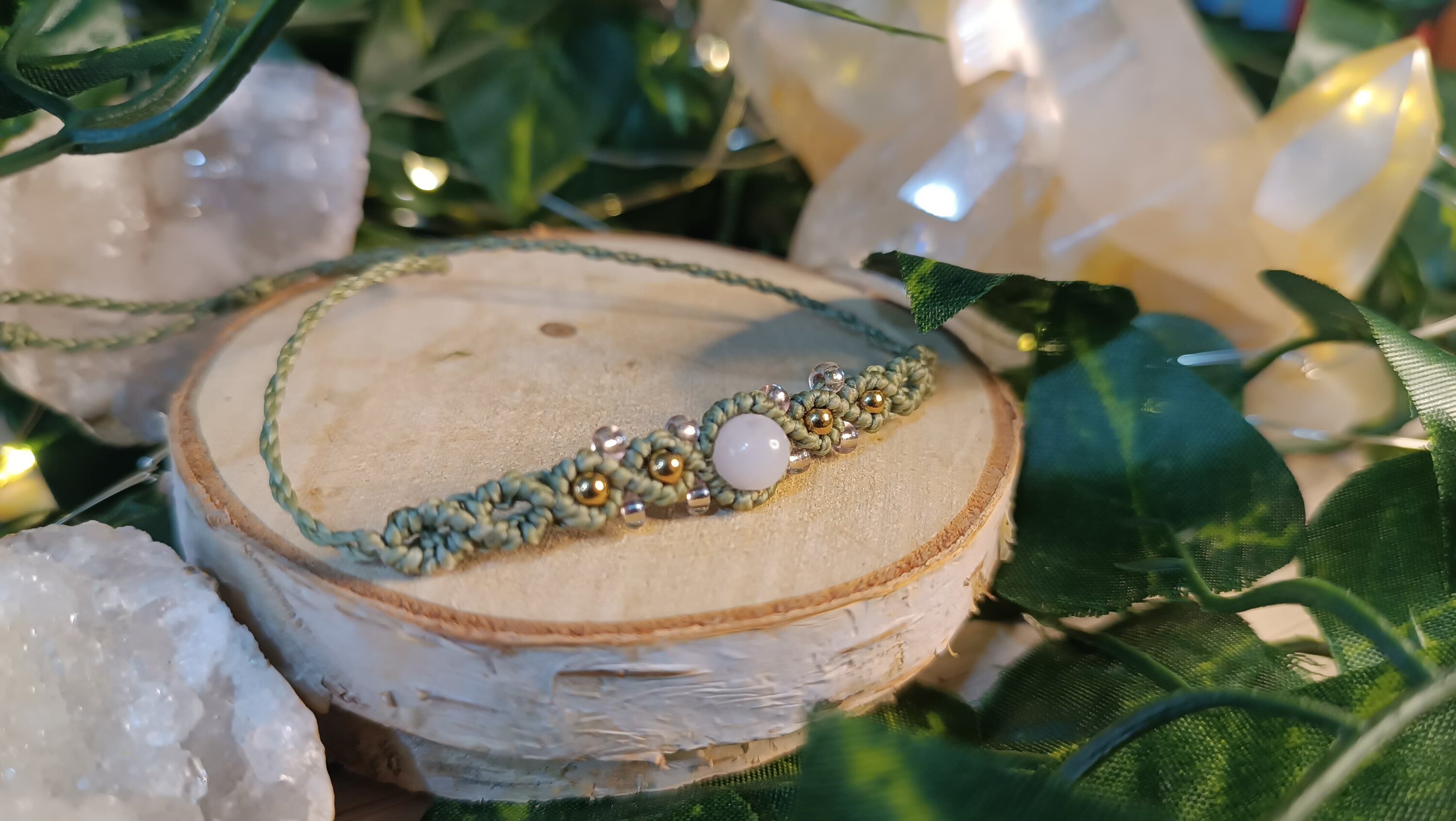 Pulsera macramé con cuarzo rosa y acero inoxidable - 2